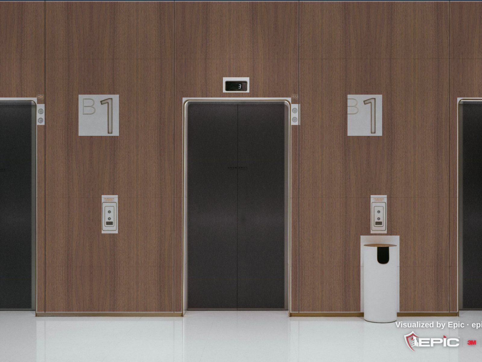 Elevator lobby wall and doors refinished in 3M DI-NOC wood and dark metal, visualized by Epic