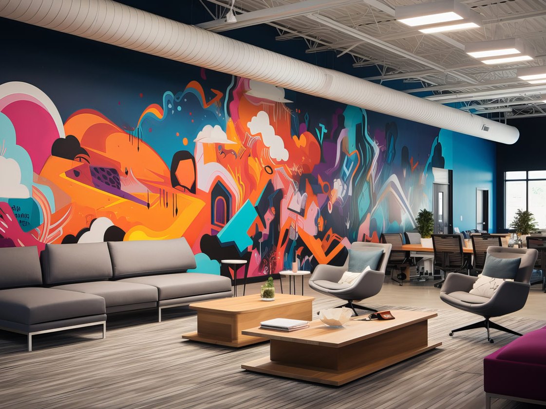 Office lounge with a full-wall printed mural — environmental graphics designed and printed by VisuFlare, installed by Epic